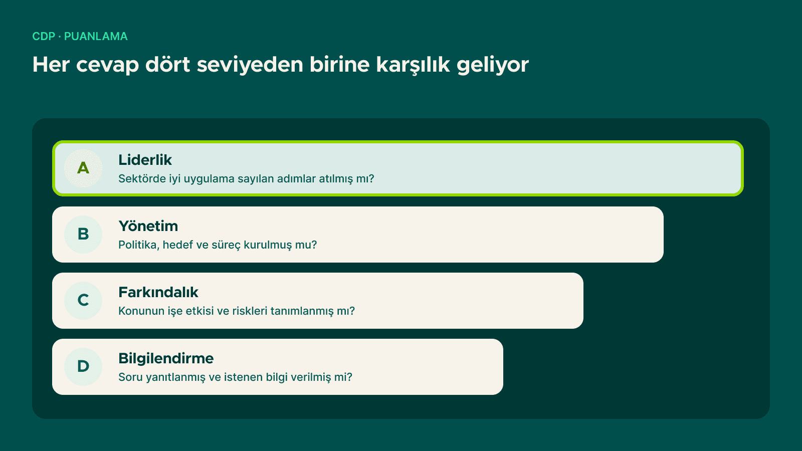 CDP'nin dört puanlama seviyesi: D bilgilendirme, C farkındalık, B yönetim, A liderlik; her seviyenin sorduğu soru